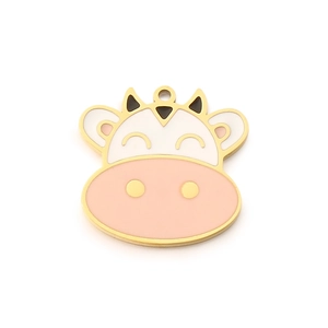 Cartoon cow head pendant in gold-plated stainless steel with pink and white enamel details