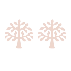 Detailed view of pink tree-shaped stainless steel stud earrings with smooth finish