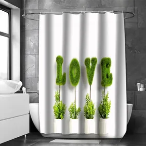 Cortina de ducha de poliéster blanco impermeable con estampado LOVE de plantas verdes