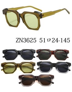 Detail view of model ZN3625 irregular square sunglasses in assorted frame colors