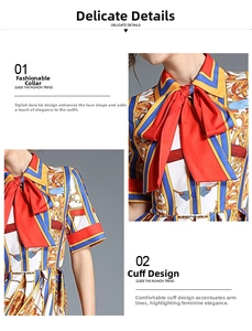 Detail of baroque print dress featuring a red bow neckline and striped short sleeves