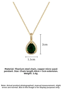 Detail of water drop green zircon necklace with 40+5cm titanium steel chain dimensions