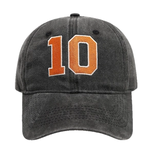 Vintage washed grey baseball cap with orange number 10 embroidery for sports