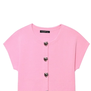 Pink knit short sleeve top featuring decorative heart-shaped silver metal buttons