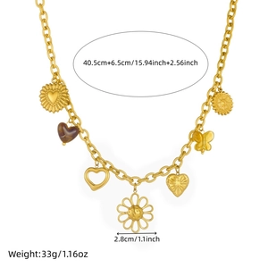 Gold plated stainless steel heart and flower pendant necklace with chunky chain measurements