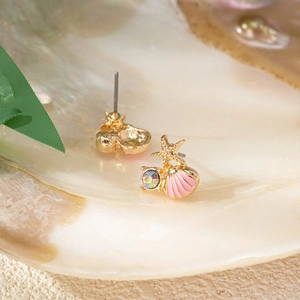 Elegant gold starfish and shell stud earrings with pink enamel and sparkling rhinestones