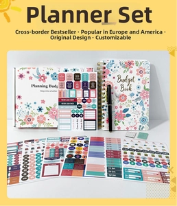 Floral budget book gift set with spiral planner, pen, and functional schedule stickers