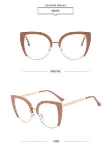 Detail view of khaki cat-eye semi-rimless frames with gold metal temples and accents
