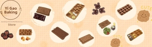 Detailed view of various silicone molds for chocolate, mousse and candles in multiple shapes