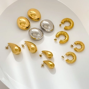 Chunky Hoop Earrings Teardrop Bean Shaped Geometric Titanium Steel Gold Plated High Polished Minimalist Retro For Women