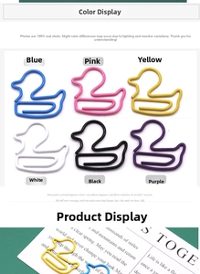 Detail of colorful duck-shaped paper clips in six vibrant colors for office stationery