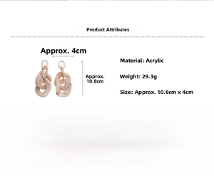 Detailed size chart of large acrylic chain earrings with marble texture measurements