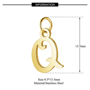 Detailed view of a gold stainless steel letter Q pendant with dimensions 9.5mm by 15.5mm