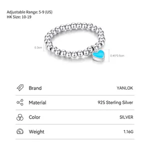 Adjustable 925 sterling silver beaded ring with a blue enamel heart pendant for women