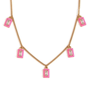 Gold stainless steel necklace with five pink enamel rectangular zircon pendants