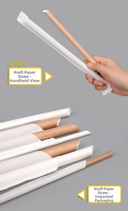 Detail view of 23cm individually wrapped kraft paper straws with sharp diagonal cut tips