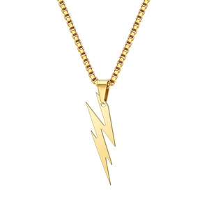 Detailed shot of golden lightning bolt pendant on square box chain for men