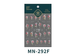 Detail of MN-292F nail stickers featuring vintage red roses and silver leaves pattern