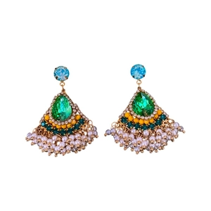 Vintage gold earrings with green waterdrop rhinestones and white pearl tassels