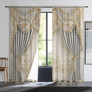 Detailed shot of grey European style curtains with ornate gold embroidery and valance