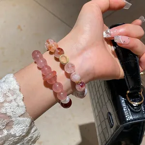 Handmade beaded bracelet with natural agate strawberry quartz and freshwater pearls