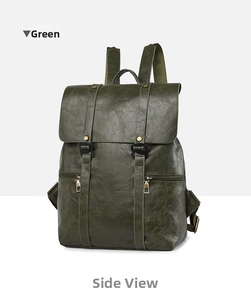 Detailansicht eines dunkelgrünen Vintage-Lederrucksacks mit Riemen und Reißverschlusstaschen