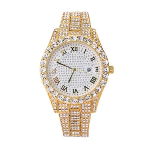 Women Luxury Rhinestone Quartz Watch Alloy Metal Link Band Roman Numerals Calendar Date Display Elegant Fashion Wristwatch