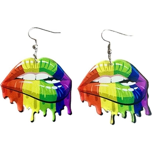 Rainbow striped lip shaped acrylic drop earrings with glossy finish and metal hooks