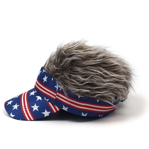 Detailed view of novelty baseball cap with USA flag pattern and brown synthetic wig hair