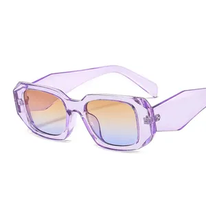 Square purple frame sunglasses with orange-blue gradient lenses in a stylish 45-degree view