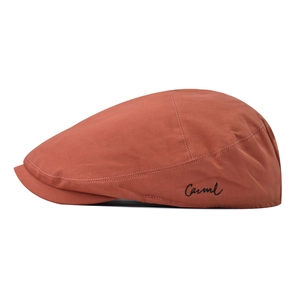 Close-up of caramel ivy cap with black Camel embroidery and fine twill fabric texture