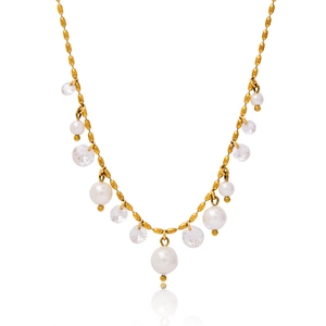 Elegant gold titanium steel necklace with white pearls and sparkling cubic zirconia pendants
