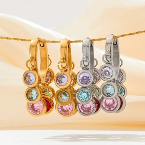 Hoop Earrings Stainless Steel With Multi Color Round Zircon Dangles Boho Fashion Jewelry For Women