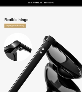 Detail view of small frame sunglasses featuring flexible hinges and high gloss finish