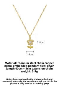 Detail showing titanium steel necklace dimensions with micro-pave crystal flower pendant