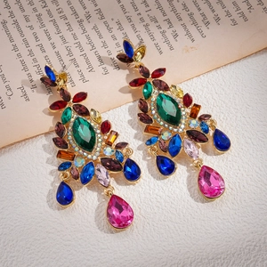 Vintage palace style floral earrings with colorful crystals and teardrop pendants