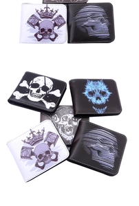 Close-up of gothic skull prints and stitching on men's vintage short bifold wallets