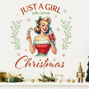 Weihnachts-Wandaufkleber PVC Abnehmbare Selbstklebende Decals Retro Pin Up Girl Festliche Wohndeko Feiertagsornamente
