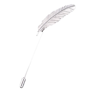 Silver alloy feather lapel pin with detailed texture and long needle for suits