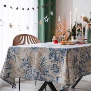 Rectangular tablecloth with blue pine branch print for Christmas holiday table setting
