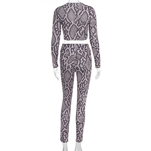 Detail of snakeskin print yoga set featuring high-waisted leggings and long sleeve crop top