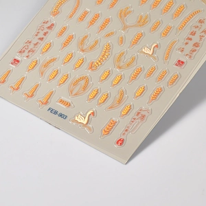 5D embossed nail art stickers with golden wheat and swan patterns for autumn manicures