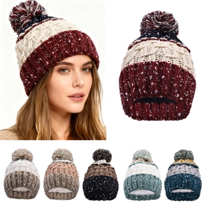 Bonnet En Tricot D'hiver Avec Pompon Doublé Polaire Chaud Torsades Épais Bloc De Couleur Pour Femmes Hommes Extérieur