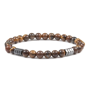 Tiger eye stone bead bracelet with hematite geometric spacers on white background
