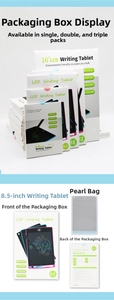 Detail view of colorful LCD writing tablet packaging sets in multiple sizes from 6.5 to 16 inch