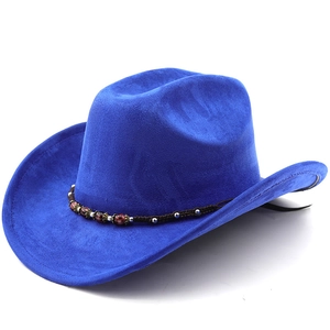 Detail of royal blue suede cowboy hat with ethnic braided band and decorative beads