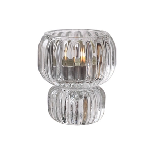 Modern dual-use clear glass sphere candle holder with ribbed texture for dining decor