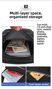 Detail view of multi-compartment interior storage for 7.9-inch iPad mini and daily essentials