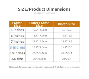 Detailed size chart for minimalist wooden picture frames ranging from 5 inch to A4 size