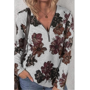 Casual damesshirt met lange mouwen, bloemenprint en opstaande kraag met rits